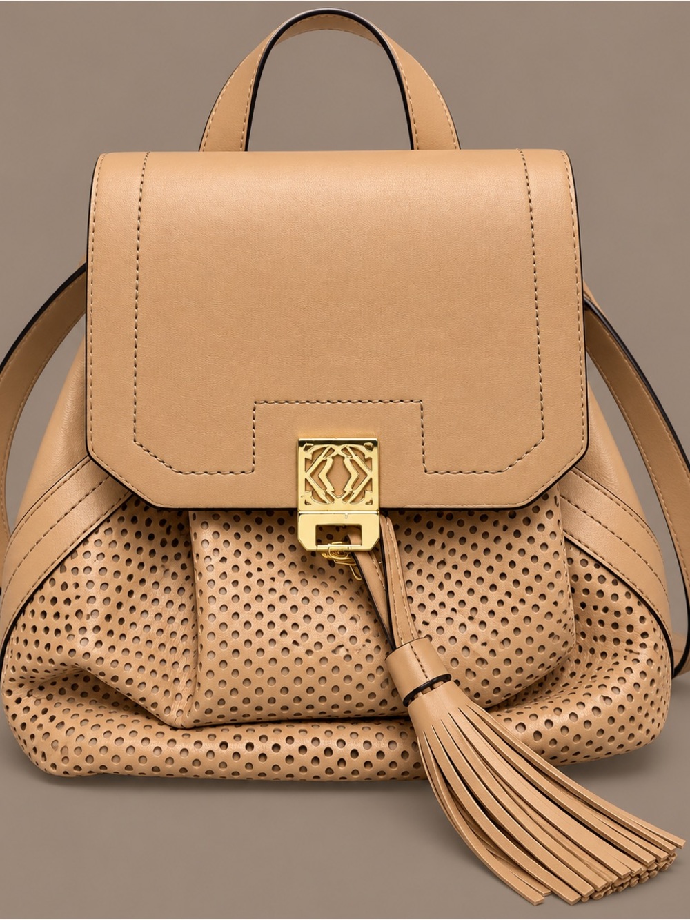 Kate Landry Perforated Tan Leather Backpack with Tassel